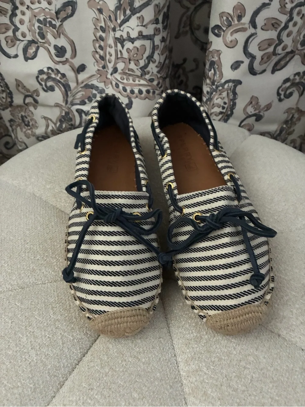 Sperry Striped Lace-Up Espadrille Flats in Navy and White